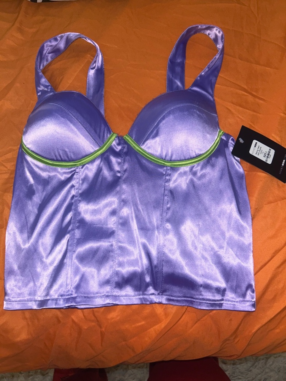 Fashion Nova Lavender Satin Bustier Tank with Lime Accent